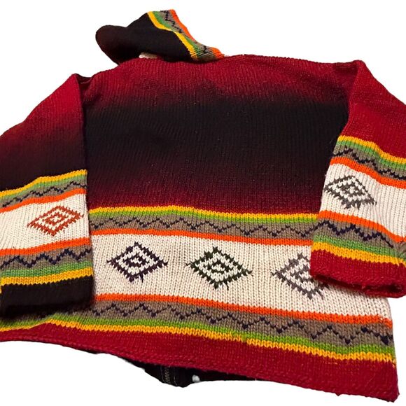 Vintage Hand Knit Sweater Jacket Womens M/L Multicolor Hooded Zip Up Ikat Nordic - Picture 2 of 12
